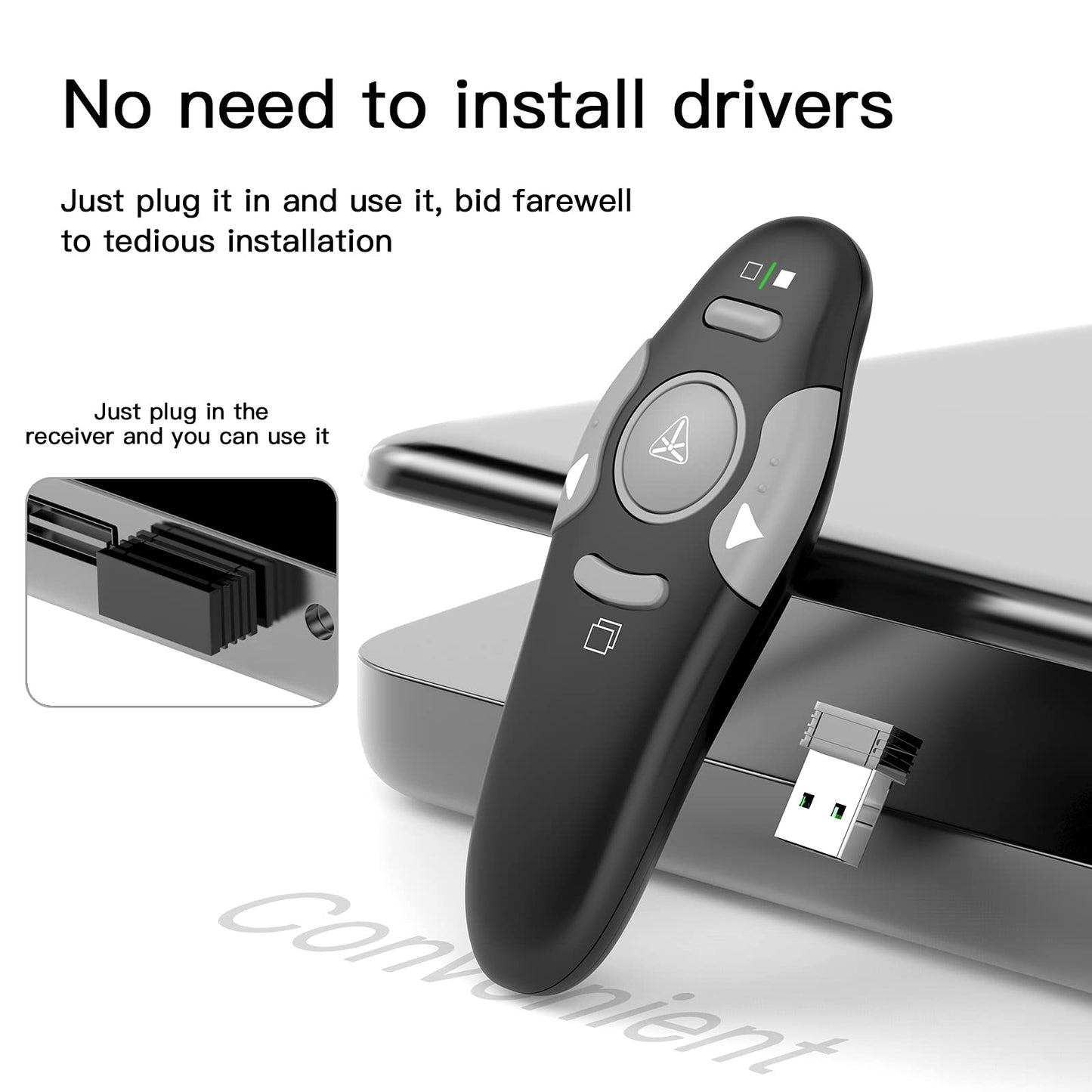 QUI Presentation Clicker Wireless Presenter Remote Clicker for PowerPoint Presentations, Wireless USB Presenter Slide Advancer for Mac, Keynote, Computer, Laptop