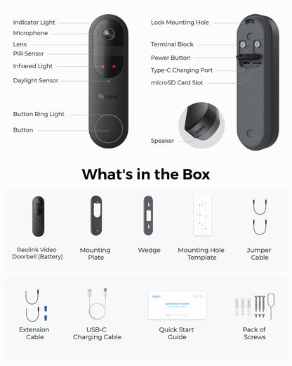 REOLINK Wireless 2K Battery Video Doorbell Camera, 150°x150° Head-to-Toe View, 2.4/5 GHz WiFi, Battery or Wired Power Options, Two-Way Talk, Person/Vehicle/Package Detection(Chime not Included)