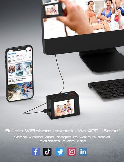 Apexcam 4K 60FPS Action Camera EIS Stabilization 20MP Sports Cam 40M Waterproof Underwater Camera 8X Zoom Support External Mic with Remote Control 2 x 1350mAh Rechargeable Batteries…