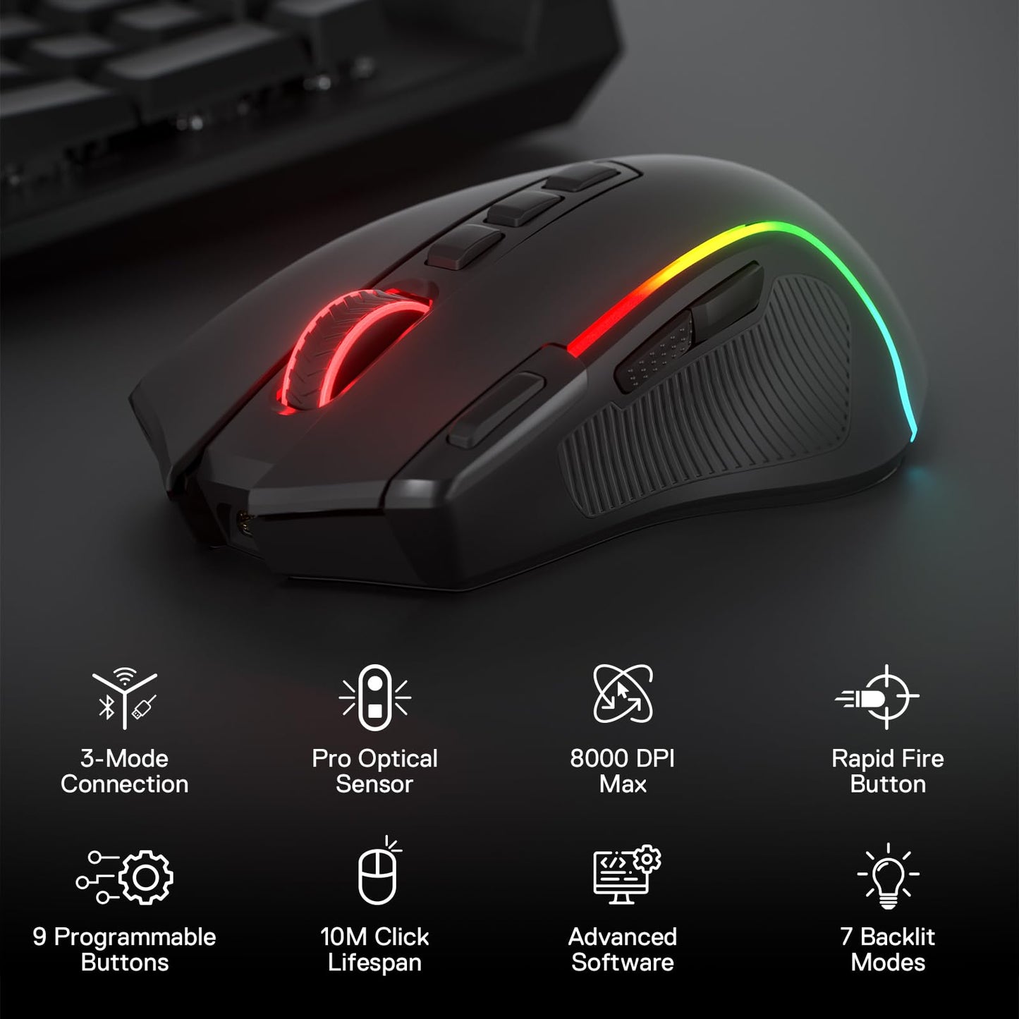 Redragon M612 PRO RGB Gaming Mouse, 8000 DPI Wired/Wireless Optical Mouse with 9 Programmable Buttons & 7 Backlit Modes, BT & 2.4G Wireless, Software Supports DIY Keybinds Rapid Fire Button