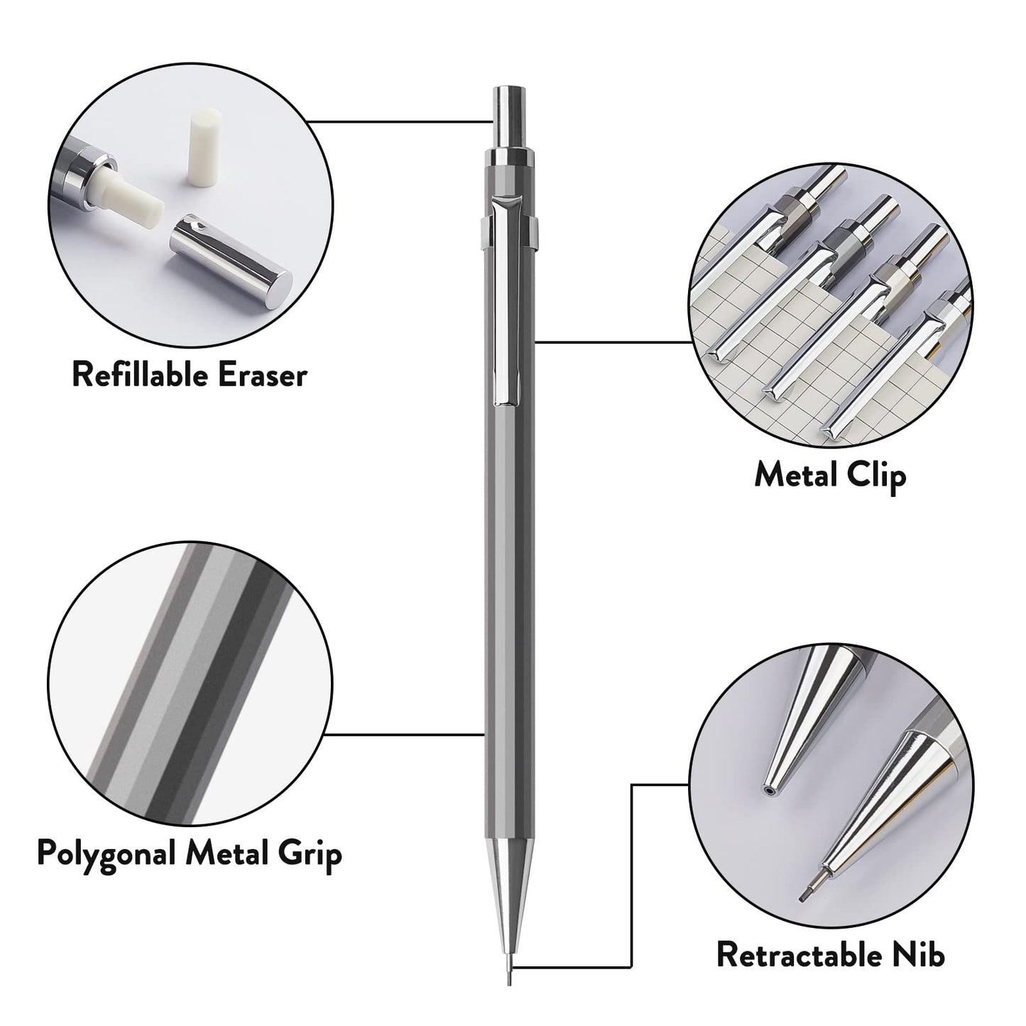 Four Candies 0.7mm Mechanical Pencil Set with Case - 4PCS Metal Mechanical Pencils, 8 Tubes HB #2 Lead Refills, 3PCS 4B Erasers and 9PCS Eraser Refills, Lead Mechanical Pencils for Writing & Drawing