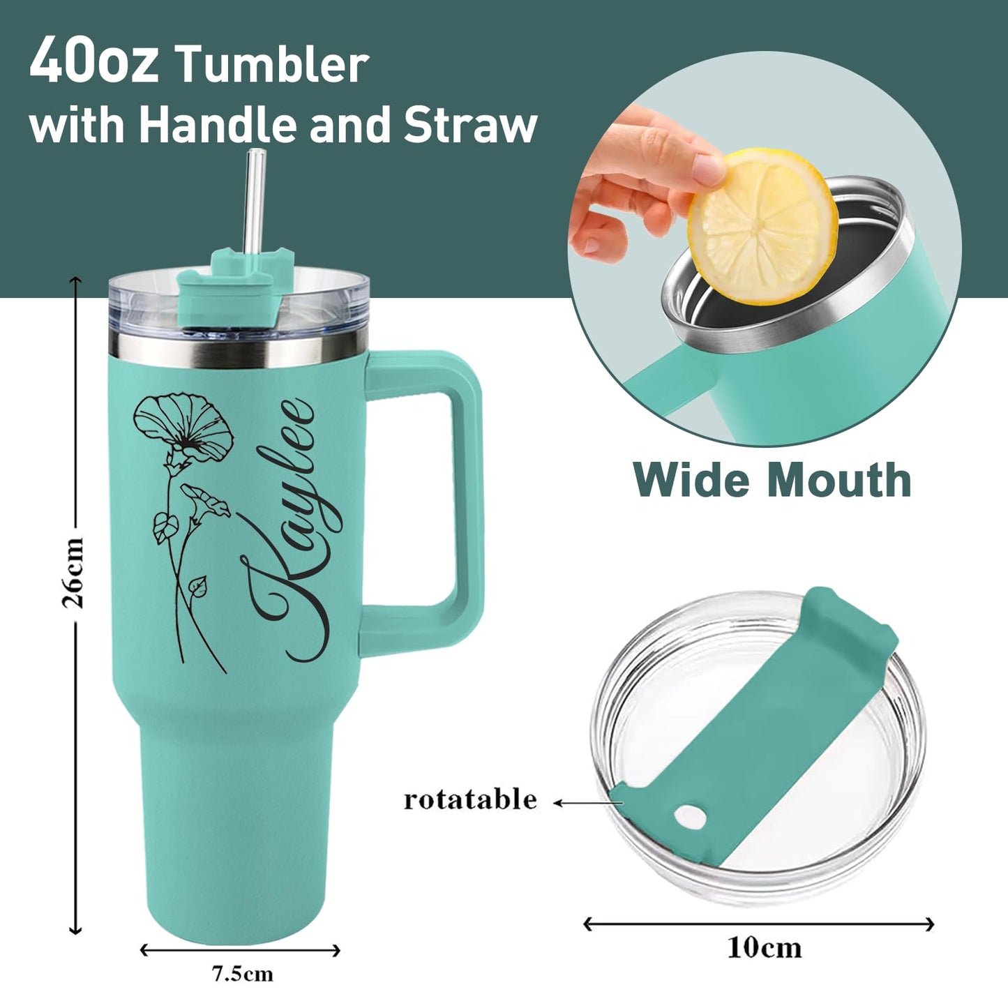 Elemtansy Personalized 40 Oz Tumbler with Handle and Straw, Custom Cup with Name, Stainless Steel Travel Coffee Tumbler, Personalized Birthday Gifts for Women