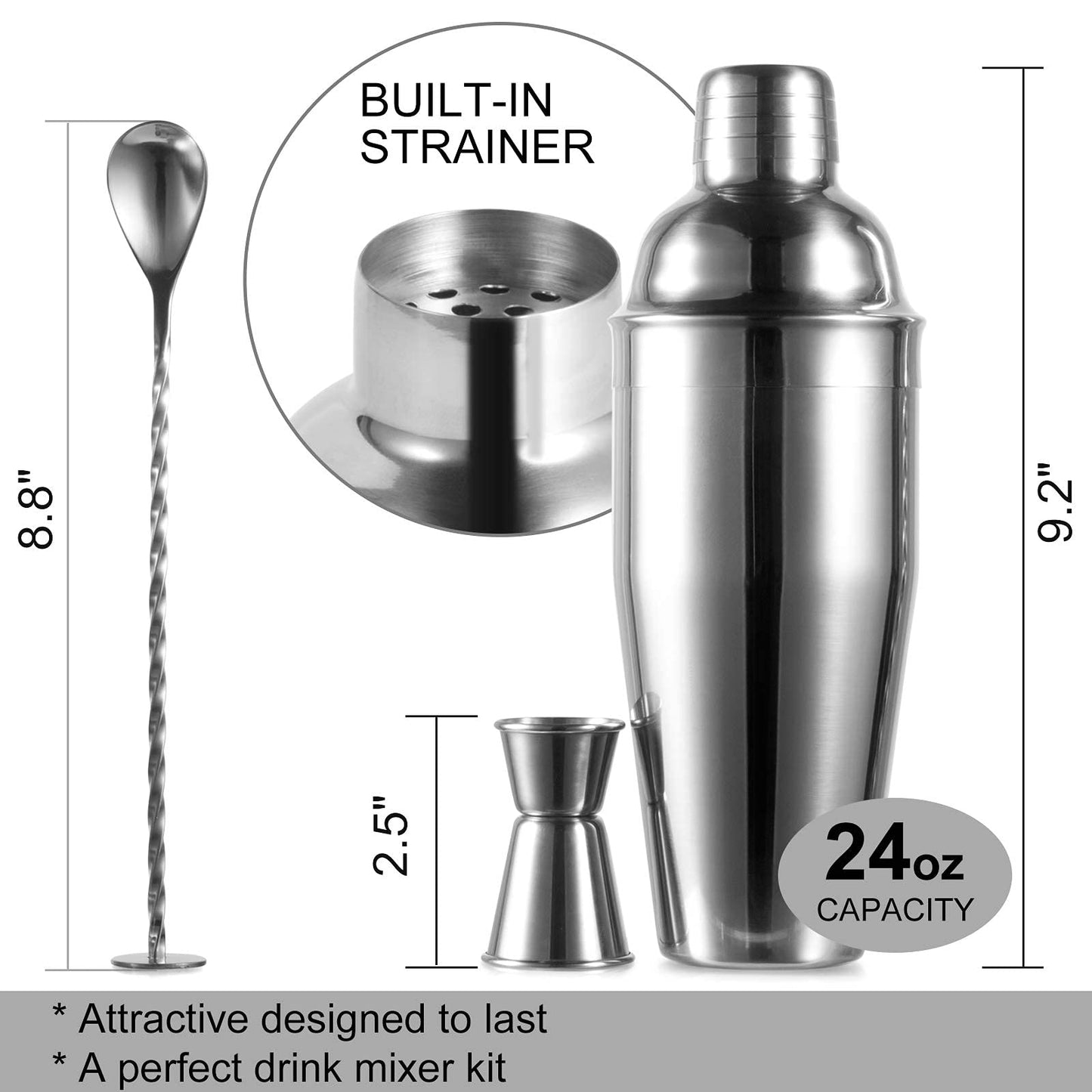 WPHUAW 24oz Cocktail Shaker Bar Set-Professional Margarita Mixer Drink Shaker and Measuring Jigger & Mixing Spoon Set-Professional Stainless Steel Bar Tools Built-in Bartender Strainer for Martini Kit