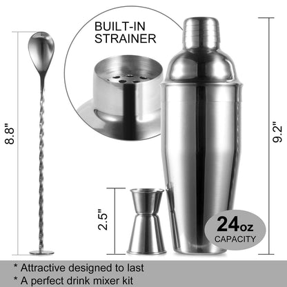 WPHUAW 24oz Cocktail Shaker Bar Set-Professional Margarita Mixer Drink Shaker and Measuring Jigger & Mixing Spoon Set-Professional Stainless Steel Bar Tools Built-in Bartender Strainer for Martini Kit