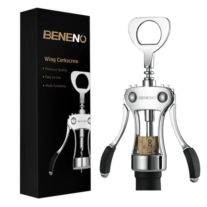 Beneno Wine Opener, Zinc Alloy Premium Wing Corkscrew with Multifunctional Bottles Opener, Sharp Wine Corkscrew with Ergonomic Non-Slip Wing Handle, Upgrade