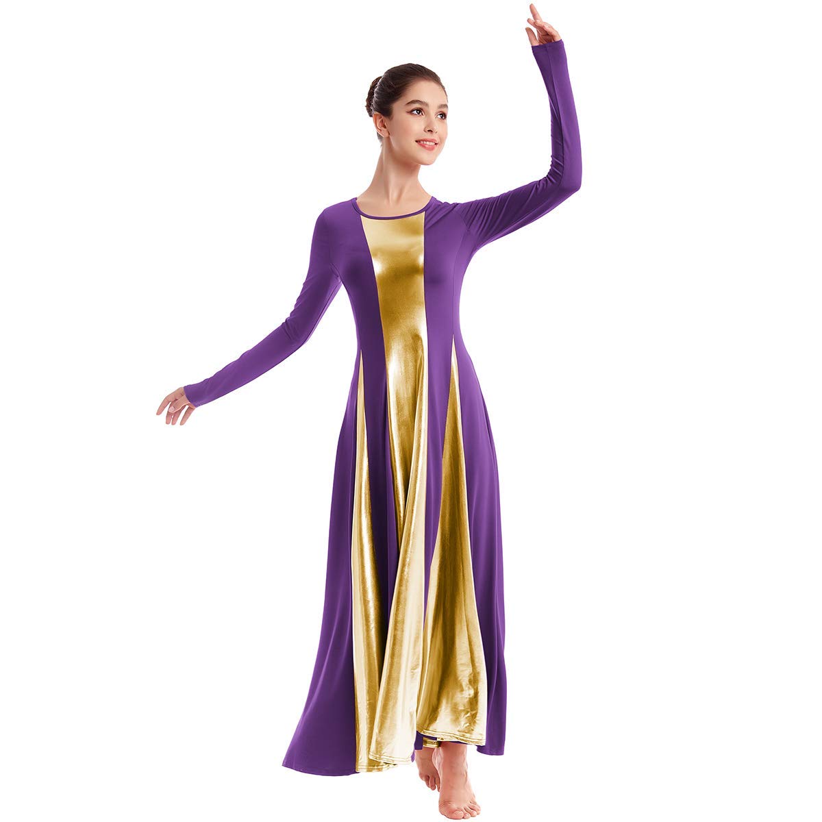 Womens Liturgical Praise Lyrical Dance Dress Loose Fit Full Length Metallic Color Block Long Sleeve Worship Costume Ballet Maxi Swing Gown Purple+Gold XL