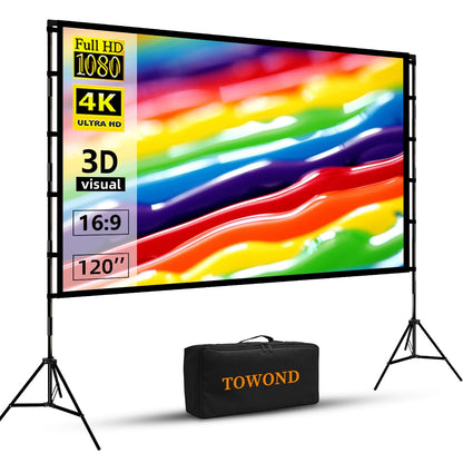 Projector Screen and Stand, Towond 120 inch Portable Projector Screen Indoor Outdoor Movie Screen 16:9 4K HD Wrinkle-Free Lightweight Projection Screen with Carry Bag for Backyard Movie Night