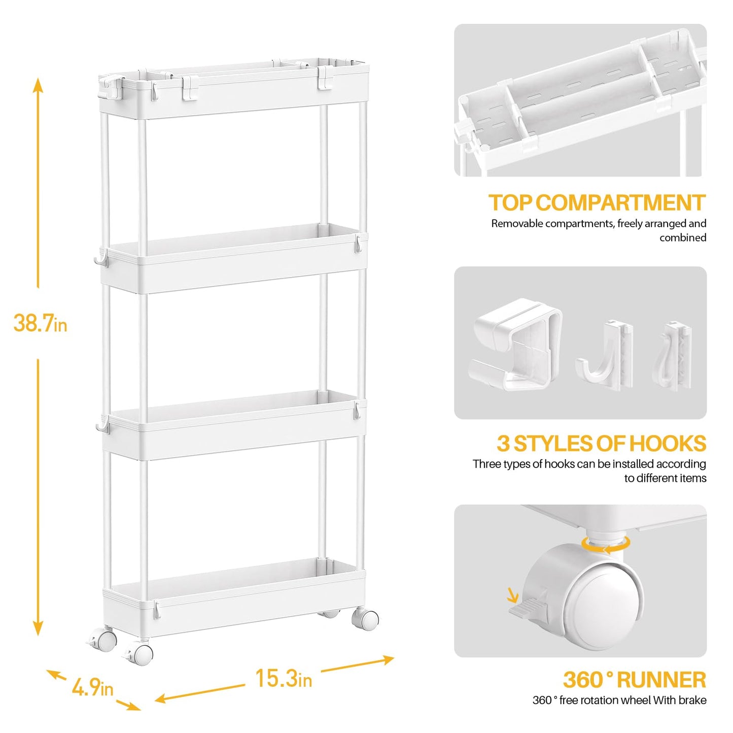 SPACELEAD Slim Storage Cart 4 Tier,Bathroom Organizer Rolling Utility, Mobile Shelving Unit Slide Out for Office, Kitchen, Laundry Room & Narrow Places,White