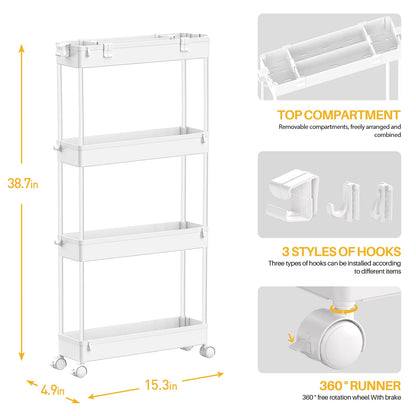 SPACELEAD Slim Storage Cart 4 Tier,Bathroom Organizer Rolling Utility, Mobile Shelving Unit Slide Out for Office, Kitchen, Laundry Room & Narrow Places,White