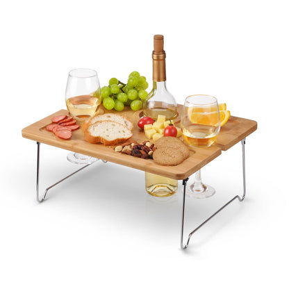 Tirrinia Portable Wine Picnic Table, Ideal Wine Gift for Women Men, Small Folding Outdoor Picnic & Cheese Tray with 2 Wine Glasses Holder for Camping, Park, Beach, Garden, Concerts
