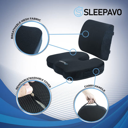 Sleepavo Memory Foam Seat Cushion for Office Chair-Orthopedic Back and Butt Pillow for Sciatica Tailbone Coccyx Hip Pain Relief for Sitting, Gaming, Desk, Car, Airplane-Padded Lumbar Support Pillow