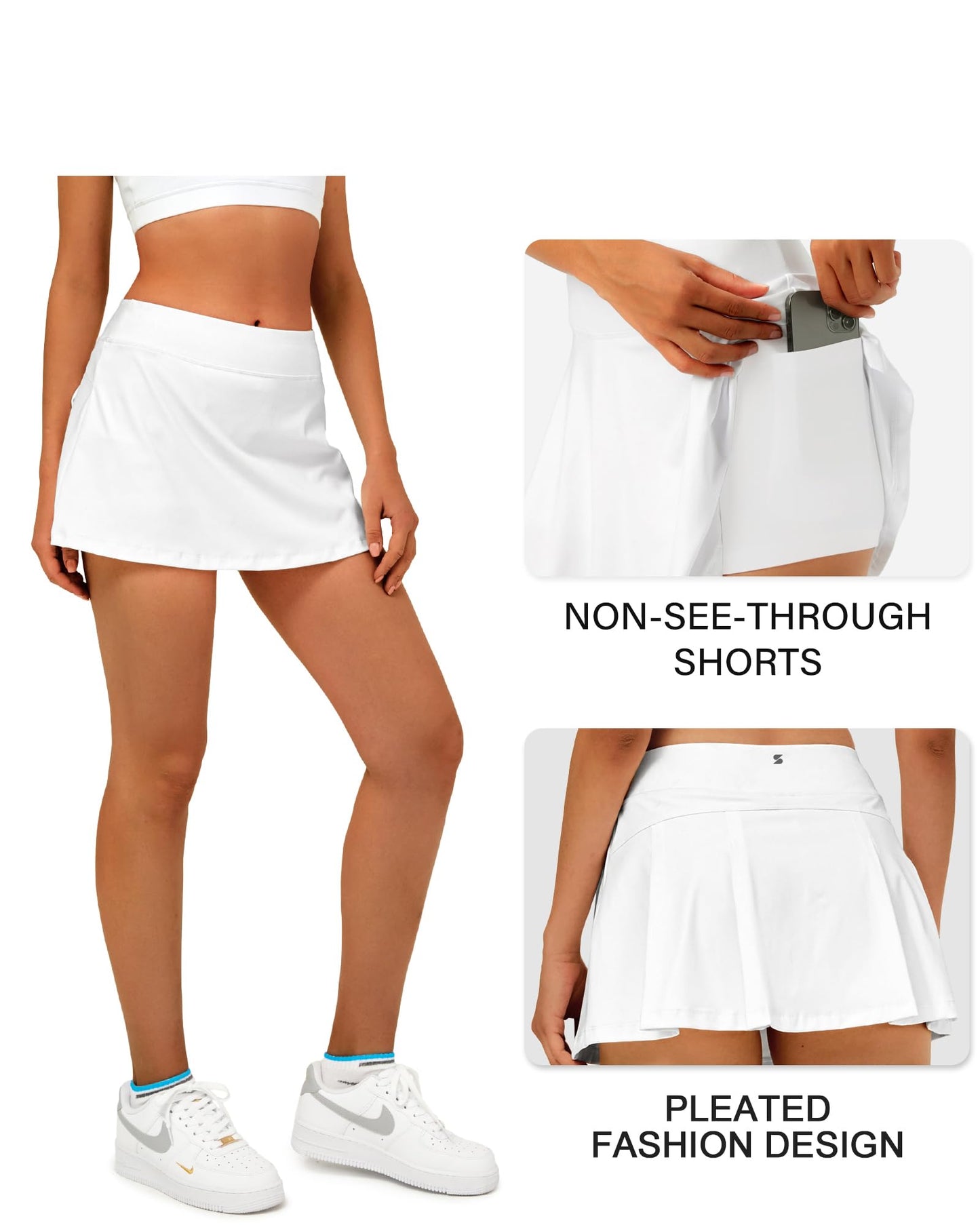 Stelle Women Tennis Skirt Golf Skorts Athletic High Waisted with Pockets Inner Shorts Sport Workout Pleated Pickleball(White-Nylon,S)