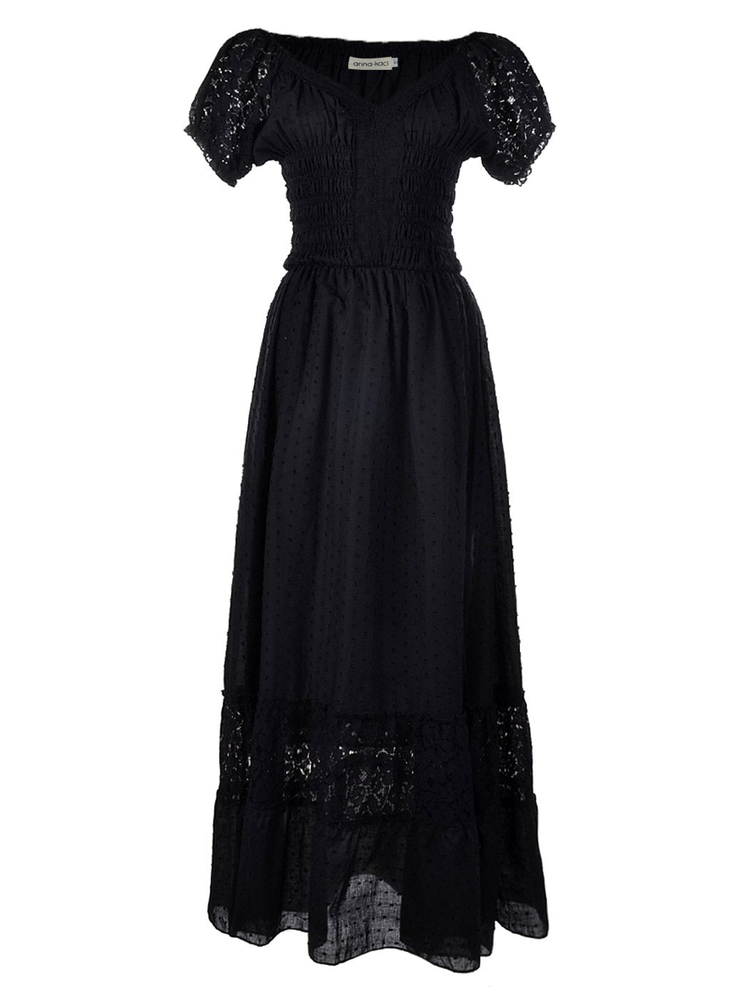 Anna-Kaci S/M Fit Peasant Maiden Boho Inspired Cap Sleeve Lace Trim Dress Black Medium, Black, Medium