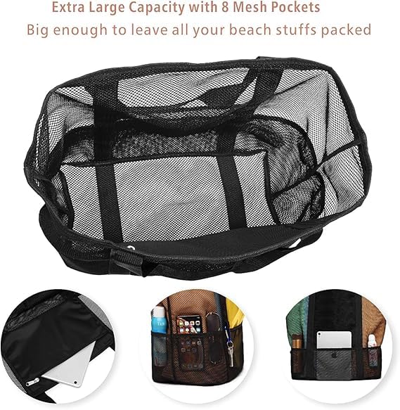 F-color Mesh Beach Bag Family - 2 Pack Beach Tote 9 Pockets Cruise Vacation Essentials, Black