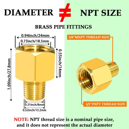 SDTC Tech 2-Pack Brass Pipe Fitting 1/4 NPT Thread Male to 1/2 NPT Thread Female Reducer Adapter, Brass Pipe Extension Connectors