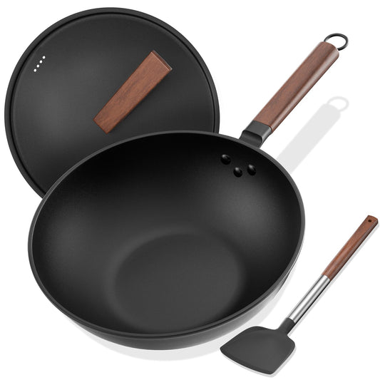 Todlabe Carbon Steel Wok, 13-Inch, Pre-Seasoned, Non-Stick, with Lid and Spatula, Flat Bottom, Ideal for Stovetop Cooking