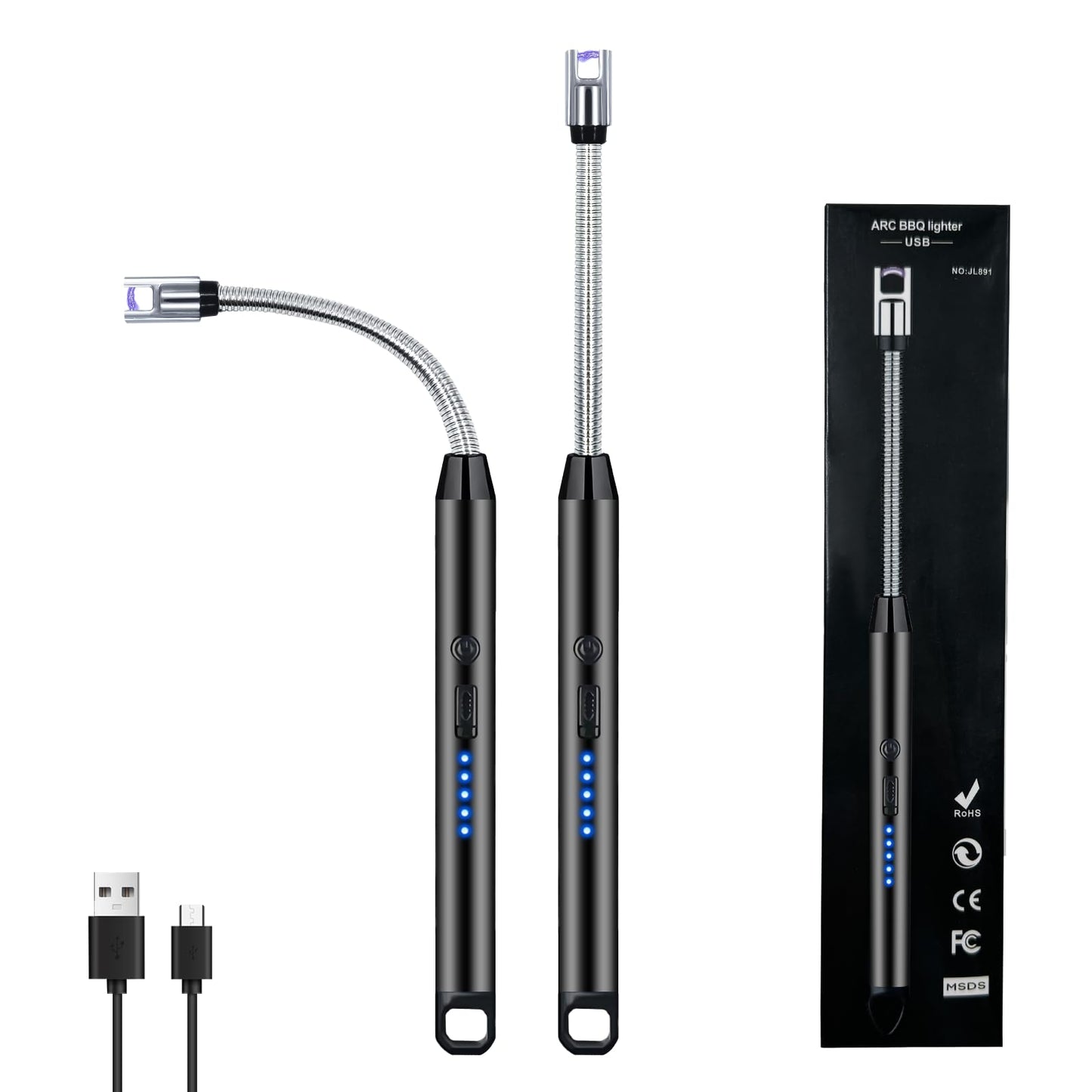 2 PCS Candle Lighter, Electric Lighter Arc Windproof Flameless with 360° Flexible Neck & LED Power Display, Lighters for Candle for BBQ, Grill, Camping, Fireplace, Stove