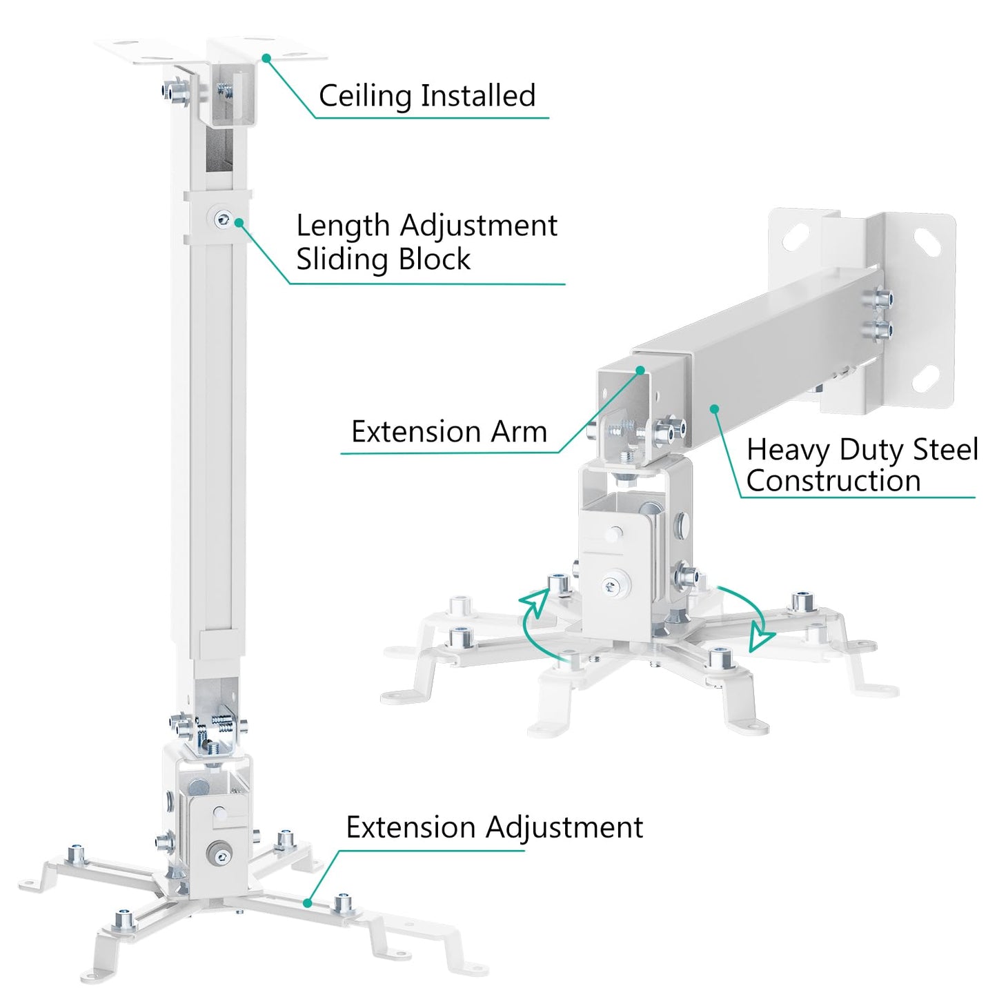 WALI Projector Mount Ceiling/Wall - Universal 3-in-1 Bracket with Extension Pole, Height Adjustable Holder for LCD/DLP Projectors, Supports up to 44lbs, White (PM-003-W)