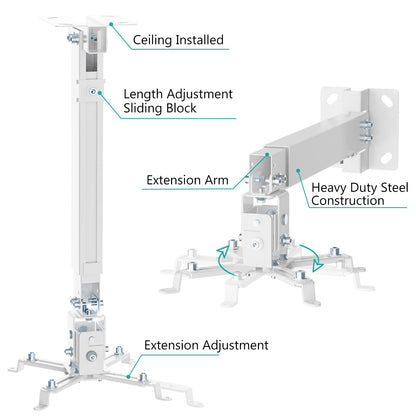 WALI Projector Mount Ceiling/Wall - Universal 3-in-1 Bracket with Extension Pole, Height Adjustable Holder for LCD/DLP Projectors, Supports up to 44lbs, White (PM-003-W)