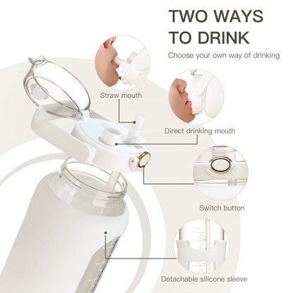 chunmo 64oz Glass Water Bolttles with Straw Half Gallon Large Motivational Water Bottle with Time Marker Sports Water Bottles with Silicone Sleeve and Handle Lid Water Jug for Gym Workout