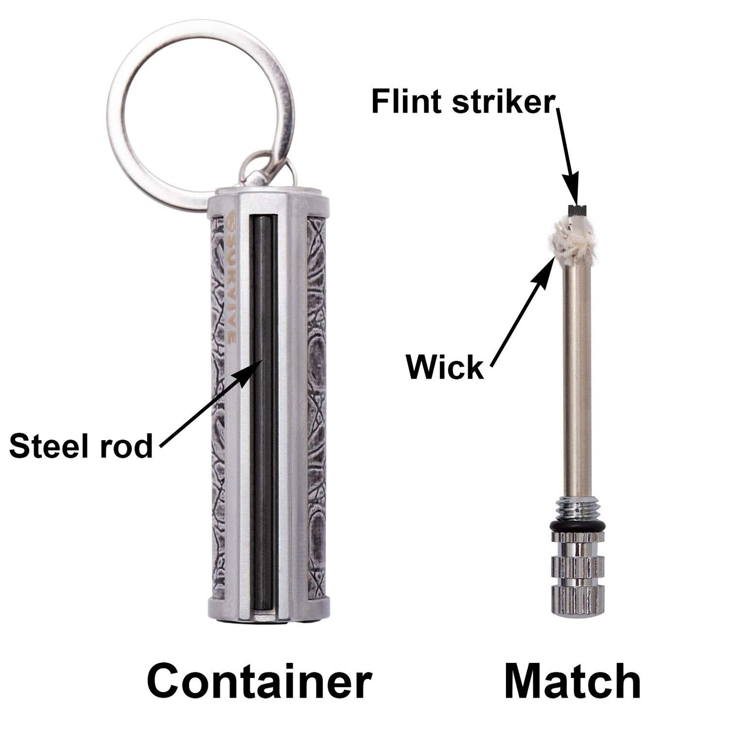 SURVIVE Permanent Match Metal, 2 Pack, Reusable Survival Fire Starter Striker Lighter, Emergency Waterproof Keychain Strike Anywhere Stick Kit