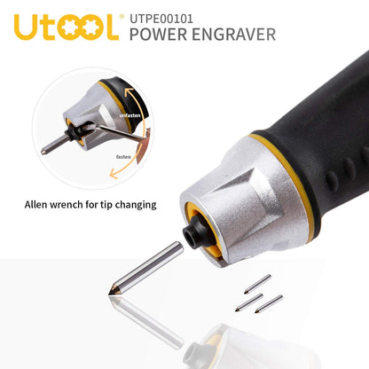 UTOOL Engraver Pen with Letter/Number Stencil, 24W Handheld Etching Tool for Wood Metal Glass Engraving with 4 Replaceable Tungsten Carbide Steel Bits