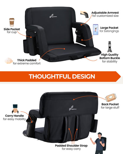 Sportneer Stadium Seats with Back Support: 2.5'' Thick Comfy Cushion 6 Adjustable Angle Bleacher Seat with Armrest - 2 Large Pockets, 2 Cup Holders Stadium Chair for Sport Events Concerts Parks