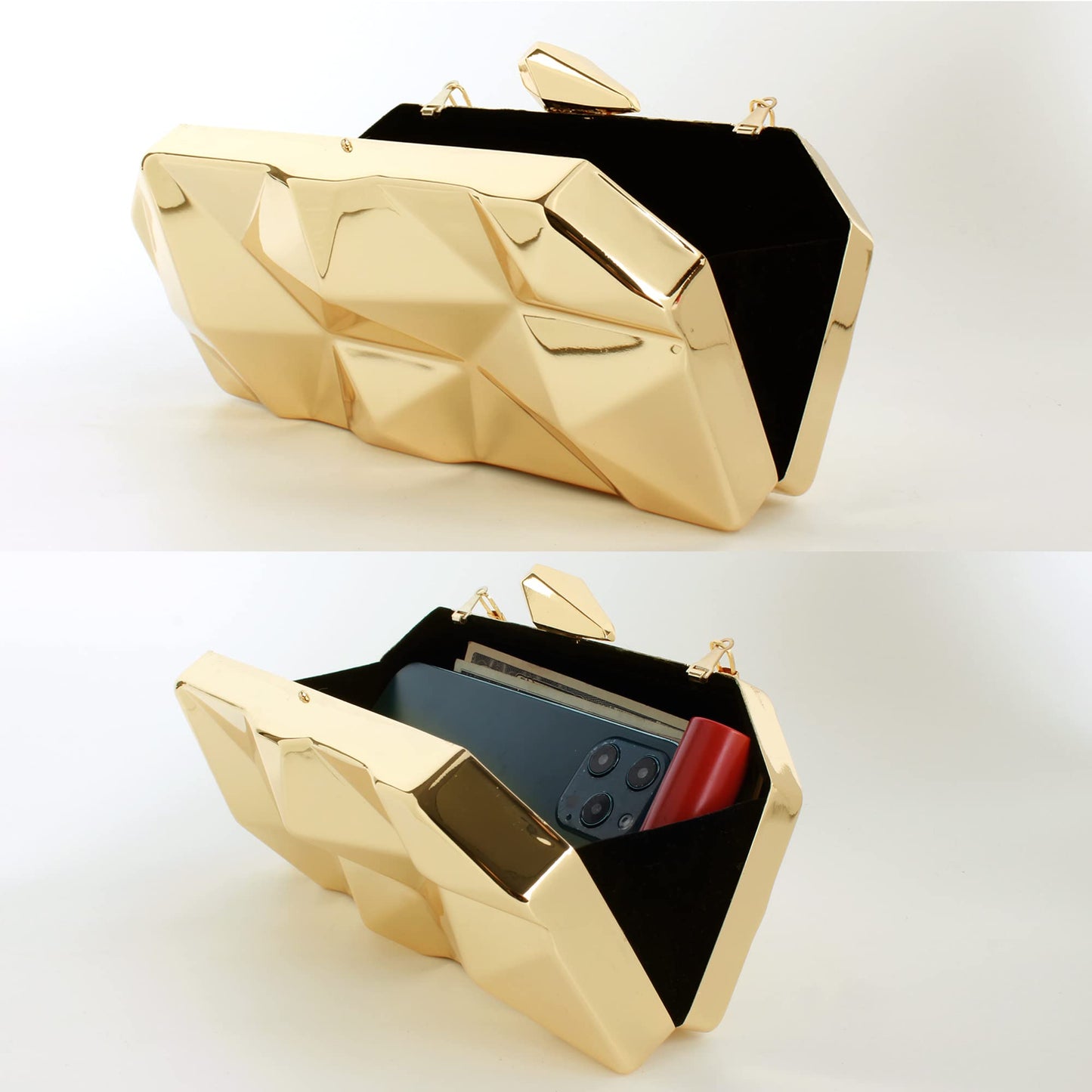 Reberomantic Women Lattice Pattern Metal Handbag Chain Geometric Evening Clutch Purse (G-Large Gold)