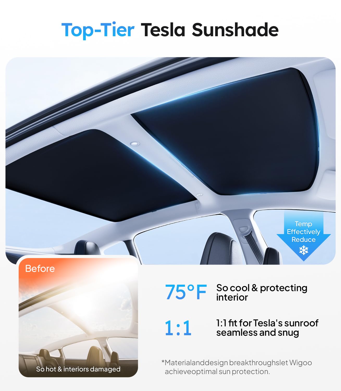 Wigoo 2025 Tesla Model 3 Sunshade Roof [Never Sag, Nano Ice-Crystal Coatings] Heat Reflective Glass Roof Sun Shade, Accessories for Tesla Model 3 2020~2026, Tesla Interior Black