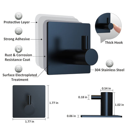 VIS'V Adhesive Towel Hooks, Waterproof Shower Wall Stick on Hooks, 2 Extra Adhesive Strips, Black, 4 Pcs