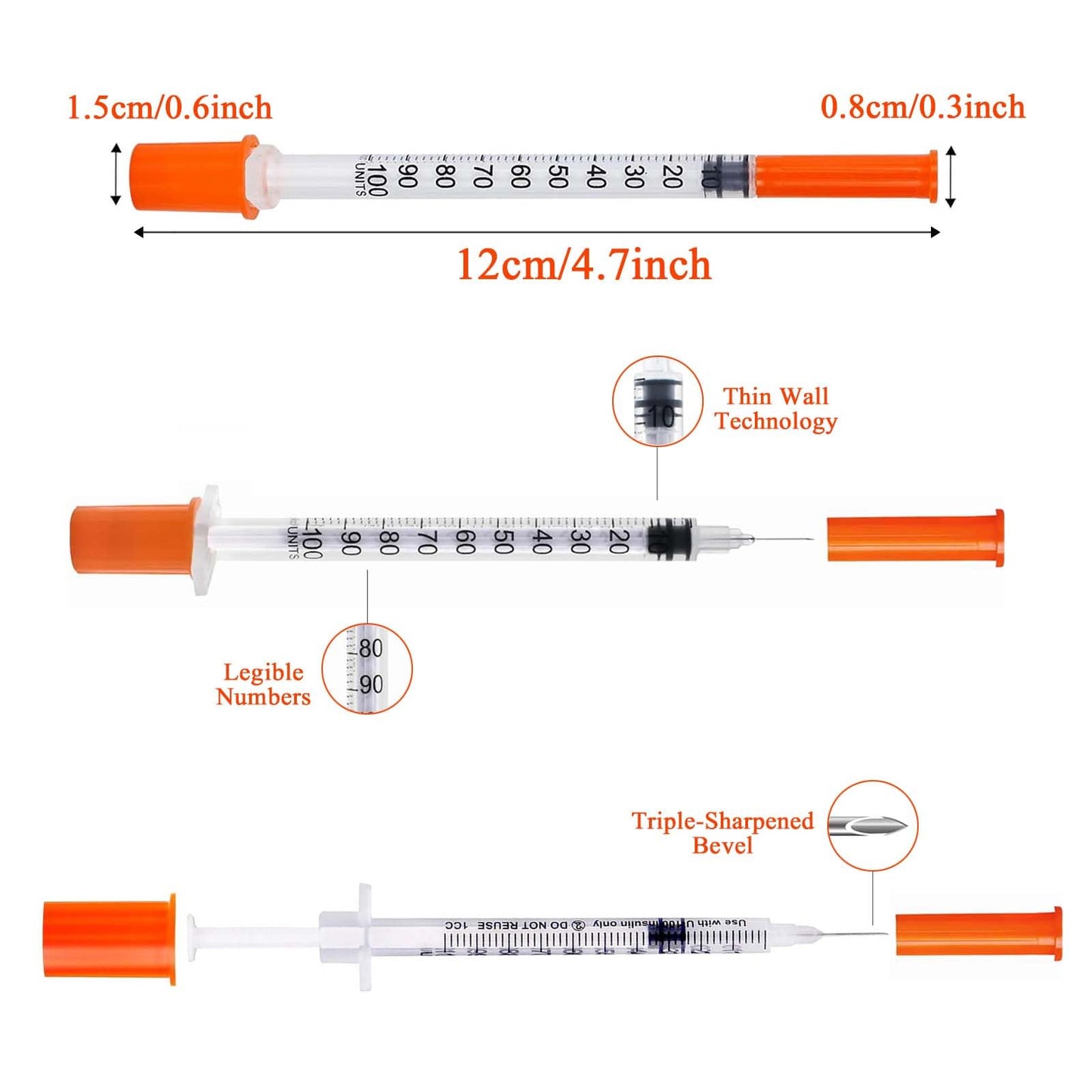 U-100 Syringes with Needle - 30G 5/16" (8mm) 1ml/cc Disposable Syringe, Individual Wrapped, 30PACK