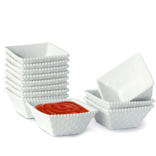 UIBFCWN 12Pack Ceramic Dip Bowls Set, 2.3oz White Dipping Sauce Bowls/Dishes for Tomato Sauce, Soy Sauce Dish, Square Side Dishes, Mini Appetizer Plates for Condiment