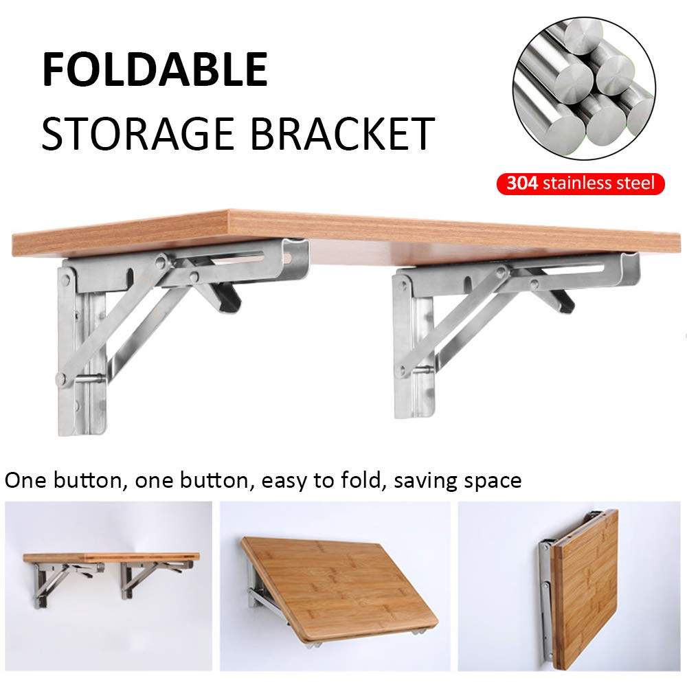 Storystore Folding Shelf Brackets - 10 Inch Heavy Duty Stainless Steel Collapsible Shelf Bracket for Bench Table, Space Saving DIY Bracket, Max Load: 550lb （2 PCS）