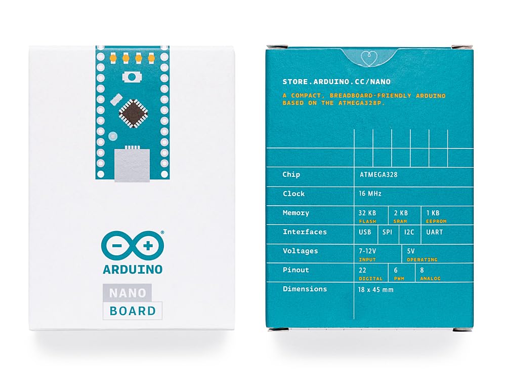 Arduino Nano [A000005] – Compact ATmega328P Microcontroller with 22 Digital I/O Pins, 8 Analog Inputs, USB Connectivity, and Arduino IDE Compatibility for Prototyping and DIY Projects
