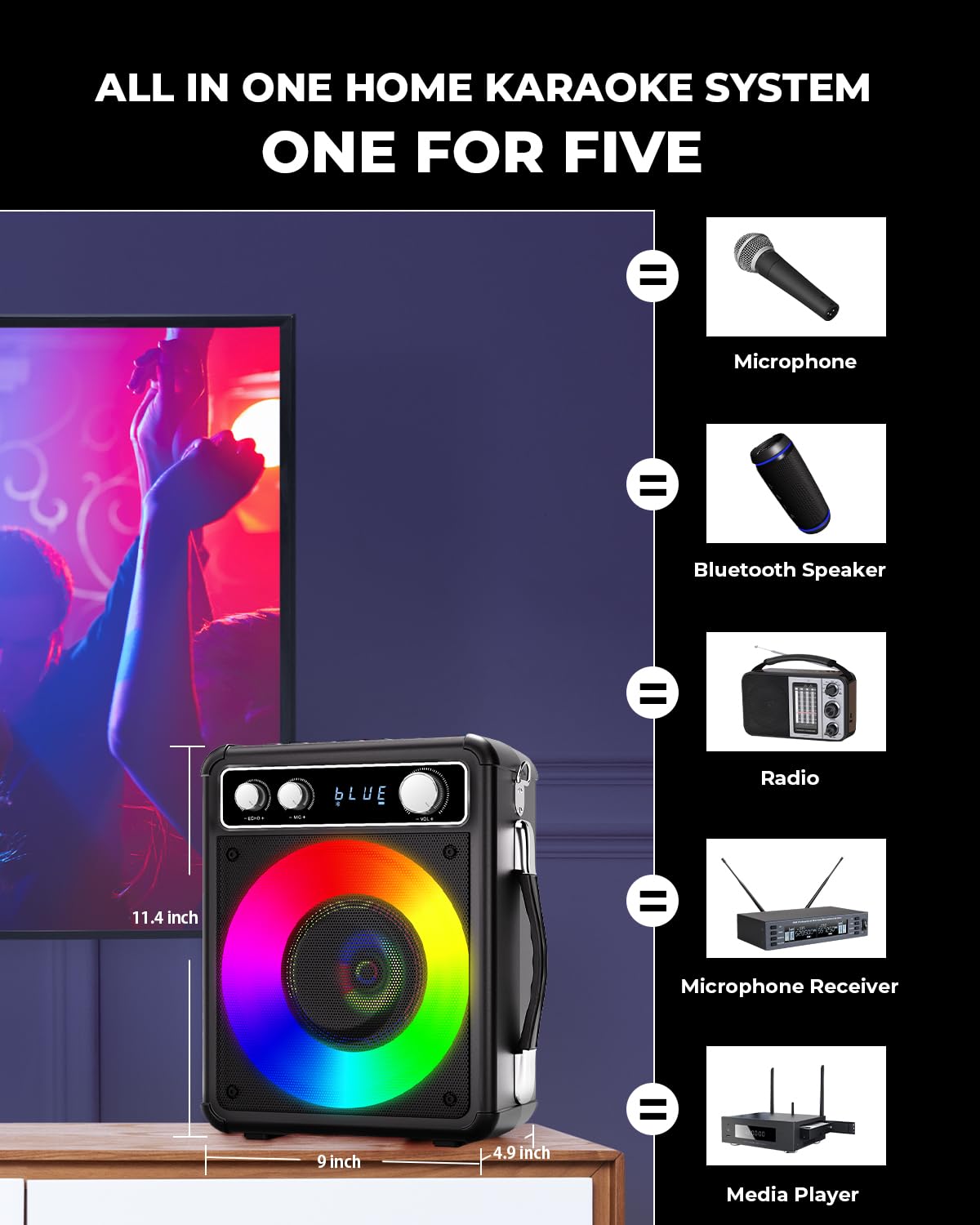 VOSOCO Karaoke Machine, Portable Bluetooth Karaoke Speaker with 2 Wireless Microphones, PA System for Adults Kids with LED Lights, Supports FM/AUX/USB/TF for Home Party