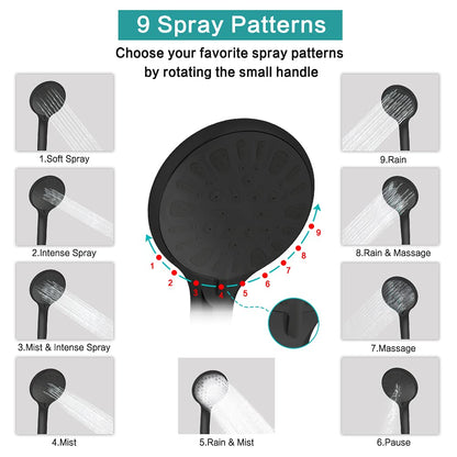 Shower Head, 8‘’ High Pressure Rainfall/Handheld Shower Combo with 11'' Extension Arm, 9 Settings, Anti-leak Shower Head with Holder, Height/Angle Adjustable, Chrome, Matte Black