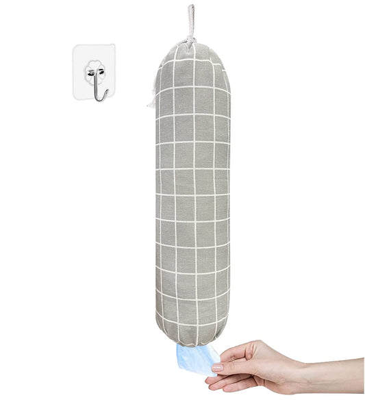 SYIPO Plastic Bag Holder, Wall Mount Organizer, Shopping Bags Carrier, Washable Large Grocery Storage Dispenser for Home Kitchen Travelling, Free Adjustment with Drawstring (Check Gray)