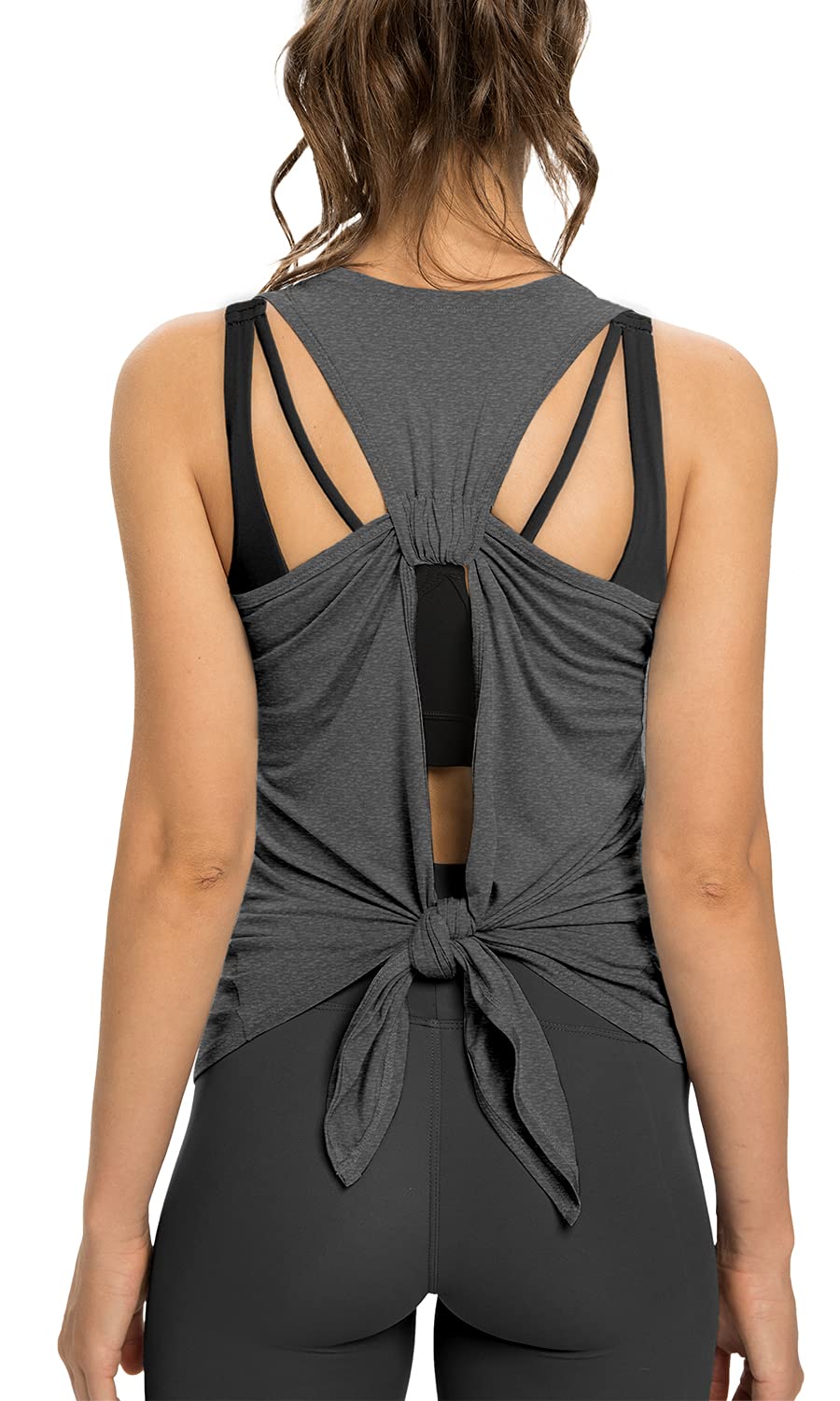 Sanutch Open Back Workout Tops for Women Athletic Running Shirts Tie Back Workout Tank Heather Gray XL