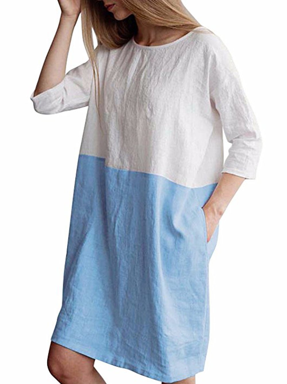 Famulily Women's Oversized 3/4 Sleeve Two Tone Colors Loose Fit T Shirt Dress Sky Blue M