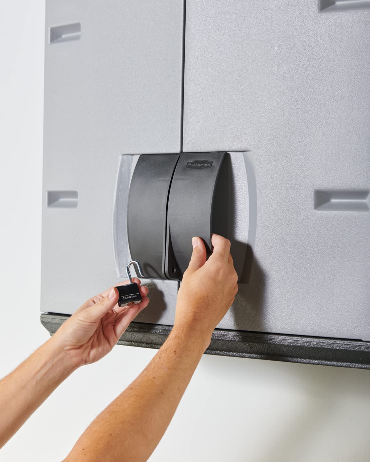 Rubbermaid Wall Mounted Storage Cabinet with Doors 150-Pound Capacity Gray Lockable Three-Shelf Cubbard for Tools/Car Accessories/Cleaning in Home/Garage/Outdoor Areas