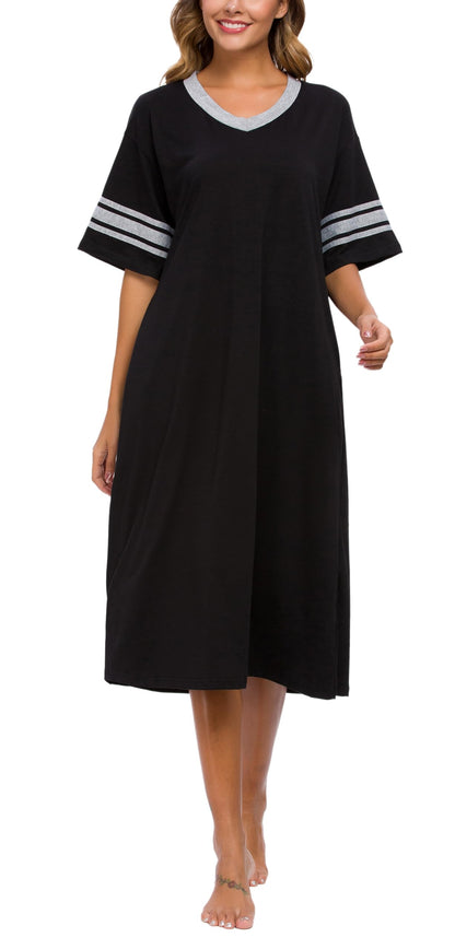 Vslarh Women's Nightgown Long Loungewear Short Sleeve Sleepshirt V Neck Pajama Dress with Pockets S-3XL Black