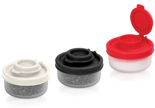 SIGNORAWARE Salt and Pepper Shakers Moisture Proof Mini Salt Shaker to go Camping Picnic Outdoors Kitchen Lunch Boxes Travel Spice Set Clear with colored lids Plastic Airtight Dispenser (Small,3 pack)
