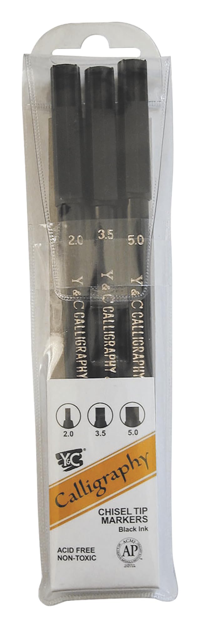 Yasutomo - NSC603A Y and C Water Based Calligraphy Markers, Chisel Tip, Assorted Sizes, Black, Pack of 3 - 443609