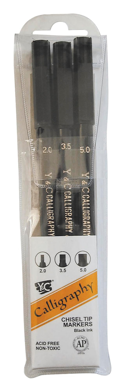 Yasutomo - NSC603A Y and C Water Based Calligraphy Markers, Chisel Tip, Assorted Sizes, Black, Pack of 3 - 443609