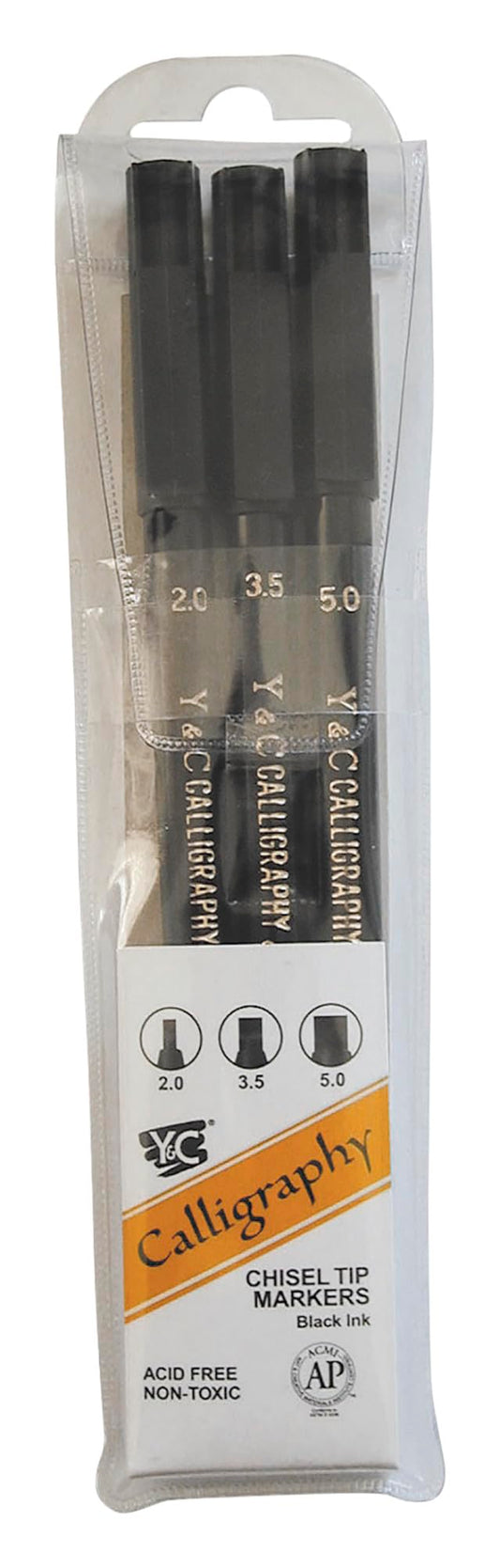 Yasutomo - NSC603A Y and C Water Based Calligraphy Markers, Chisel Tip, Assorted Sizes, Black, Pack of 3 - 443609