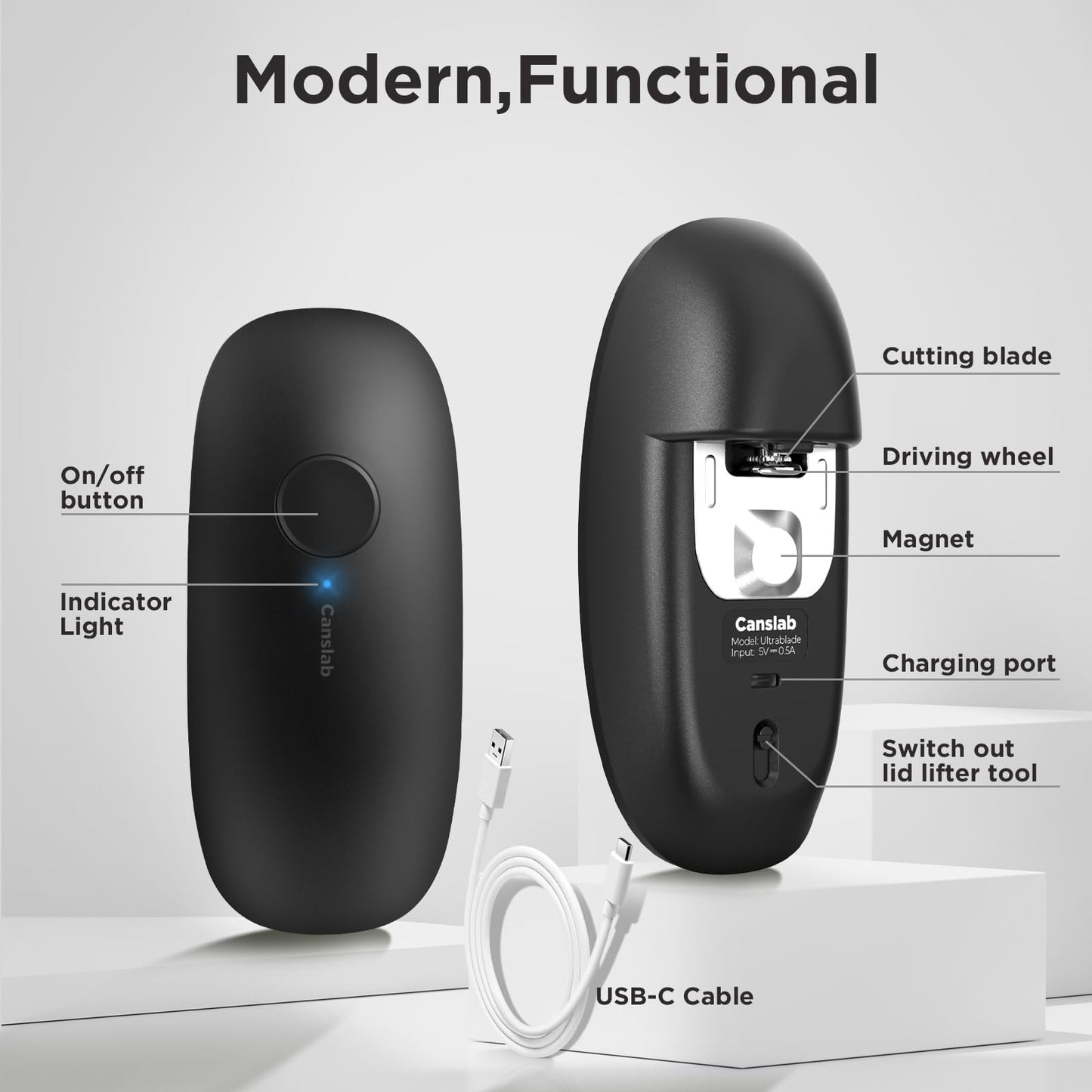 Canslab Ultrablade PRO Auto Stop Can Opener - Rechargeable Electric Can Opener for Kitchen for Seniors with Arthritis - One Touch Side Cut Opener, Smooth Edge, Handfree, Wall Mounted Small Size, Black