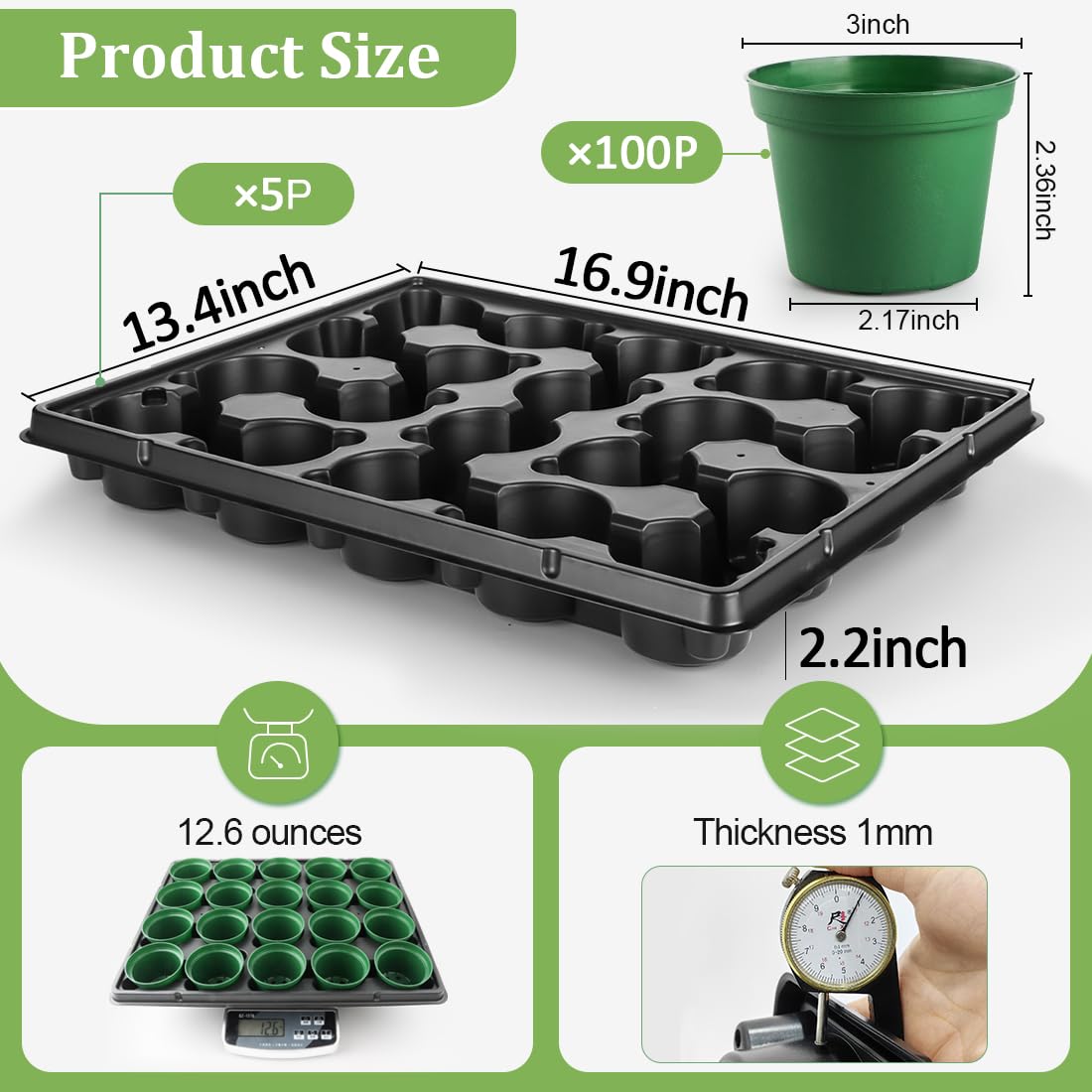 RooTrimmer 3 Inch Nursery Pots 100 Pcs with 5 Pcs 20 Cell Nursery Pot Trays, 5 Sets Seed Starting Kit for Seedlings, Propagation and Home Gardening, Sturdy Green Seeds Starter Pot Tray Germination Set