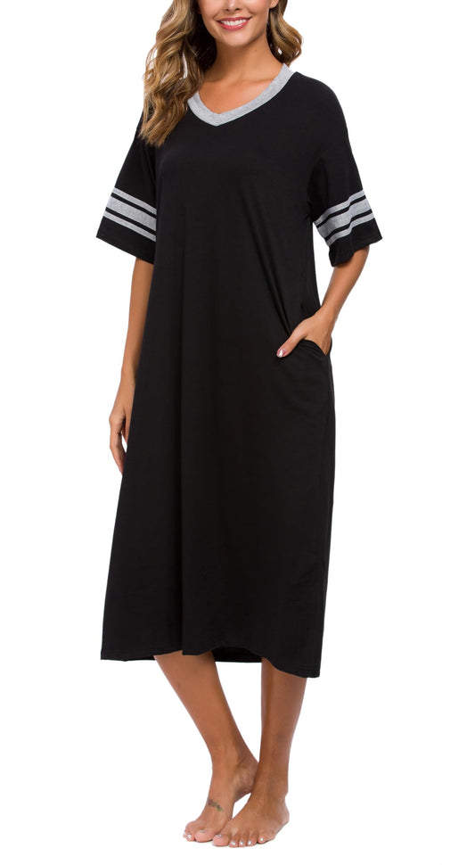 Vslarh Women's Nightgown Long Loungewear Short Sleeve Sleepshirt V Neck Pajama Dress with Pockets S-3XL Black