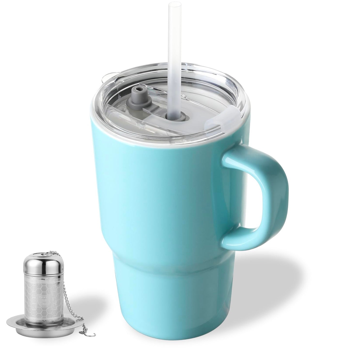 Sweejar Ceramic Travel Mug with Lid, 16 oz Portable Coffee Mug, Dishwasher Safe Tea Cup with Infuser, Reusable Teacup for Car Cup Holder, Tea Lovers(Turquoise)