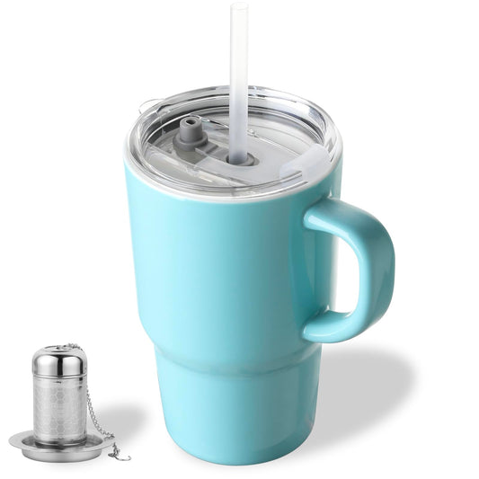 Sweejar Ceramic Travel Mug with Lid, 16 oz Portable Coffee Mug, Dishwasher Safe Tea Cup with Infuser, Reusable Teacup for Car Cup Holder, Tea Lovers(Turquoise)
